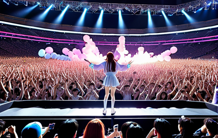 **K-Pop Idol Concert:** A brightly lit stadium concert scene, packed with fans holding light sticks. A charismatic K-Pop idol performs on stage, showcasing dynamic choreography. Capture the energy and excitement of the Hallyu wave.