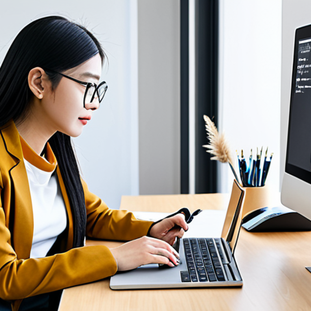 A professional graphic designer, fully clothed in a modest business casual outfit, sits naturally at a modern, clean desk in a brightly lit design studio. The designer is focused on a large monitor displaying a sophisticated logo concept that subtly integrates geometric elements inspired by Hangul script, blending Eastern aesthetics with Western typography. A high-resolution graphic tablet and styluses are visible on the desk, emphasizing the creative process. The image emphasizes perfect anatomy, correct proportions, well-formed hands, and natural body proportions. The scene is safe for work, appropriate content, fully clothed, and conveys a professional, innovative atmosphere, captured with high-quality, professional photography.