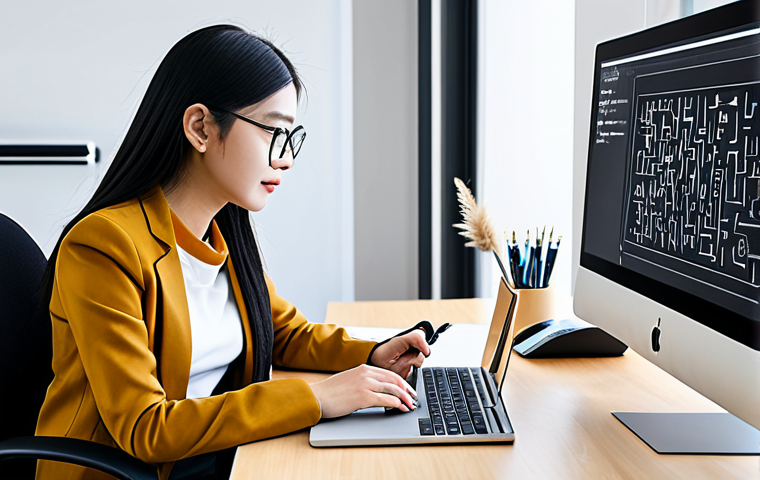 A professional graphic designer, fully clothed in a modest business casual outfit, sits naturally at a modern, clean desk in a brightly lit design studio. The designer is focused on a large monitor displaying a sophisticated logo concept that subtly integrates geometric elements inspired by Hangul script, blending Eastern aesthetics with Western typography. A high-resolution graphic tablet and styluses are visible on the desk, emphasizing the creative process. The image emphasizes perfect anatomy, correct proportions, well-formed hands, and natural body proportions. The scene is safe for work, appropriate content, fully clothed, and conveys a professional, innovative atmosphere, captured with high-quality, professional photography.