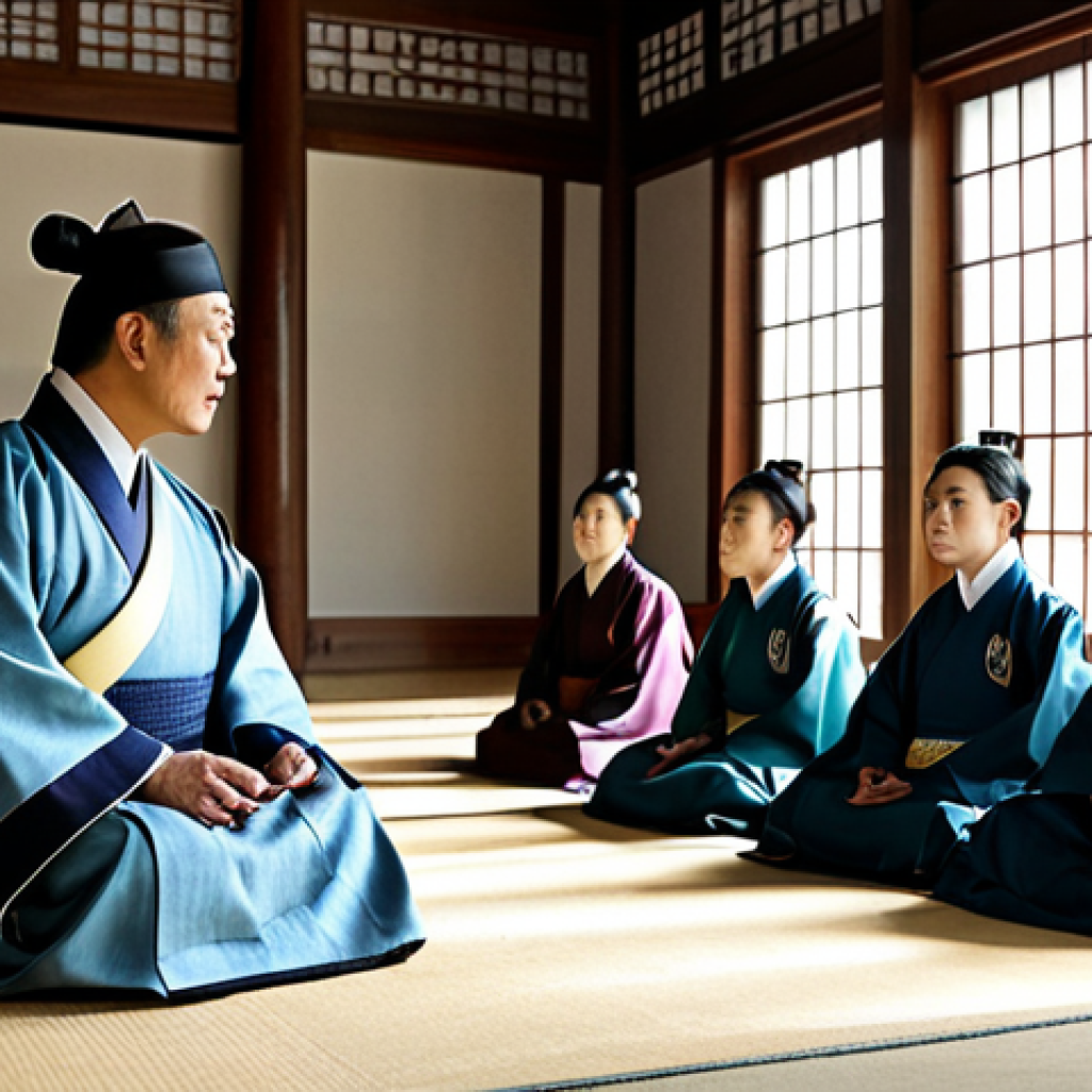 A dignified portrayal of King Sejong the Great, dressed in modest, traditional Korean royal attire, seated in a grand, historically accurate palace hall. He gestures thoughtfully towards a group of diverse common people – including a farmer, a woman, and a young child – who are attentively learning from large, simple Hangeul charts. The background includes subtle elements of ancient scholarly tools and everyday life, symbolizing the bridging of elite knowledge with popular literacy. The lighting is soft and inviting, emphasizing a sense of enlightenment and progress. The image should convey profound wisdom and a vision for universal education. fully clothed, modest clothing, appropriate attire, professional dress, safe for work, appropriate content, family-friendly, perfect anatomy, correct proportions, natural pose, well-formed hands, proper finger count, natural body proportions, professional photography, high quality.