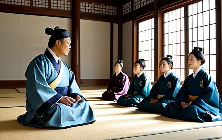 A dignified portrayal of King Sejong the Great, dressed in modest, traditional Korean royal attire, seated in a grand, historically accurate palace hall. He gestures thoughtfully towards a group of diverse common people – including a farmer, a woman, and a young child – who are attentively learning from large, simple Hangeul charts. The background includes subtle elements of ancient scholarly tools and everyday life, symbolizing the bridging of elite knowledge with popular literacy. The lighting is soft and inviting, emphasizing a sense of enlightenment and progress. The image should convey profound wisdom and a vision for universal education. fully clothed, modest clothing, appropriate attire, professional dress, safe for work, appropriate content, family-friendly, perfect anatomy, correct proportions, natural pose, well-formed hands, proper finger count, natural body proportions, professional photography, high quality.