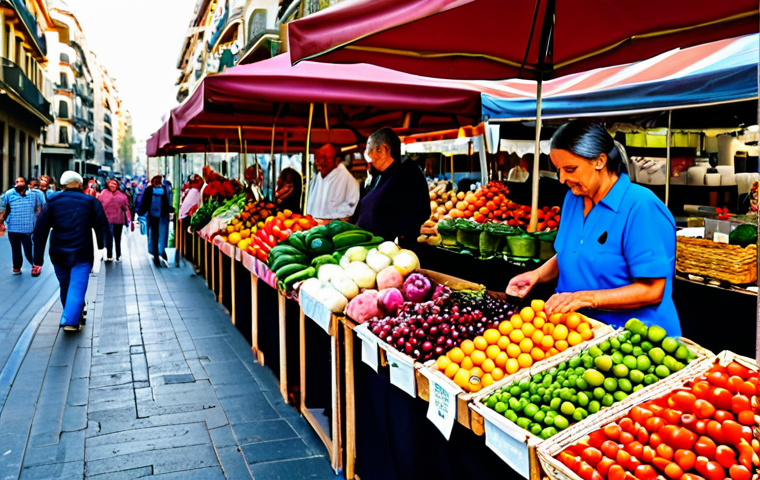 **

"A vibrant street market in Barcelona, Spain, filled with colorful produce and local artisans, fully clothed vendors in traditional Spanish attire, safe for work, appropriate content, family-friendly atmosphere, perfect anatomy, natural proportions, high-quality photography, professional"

**