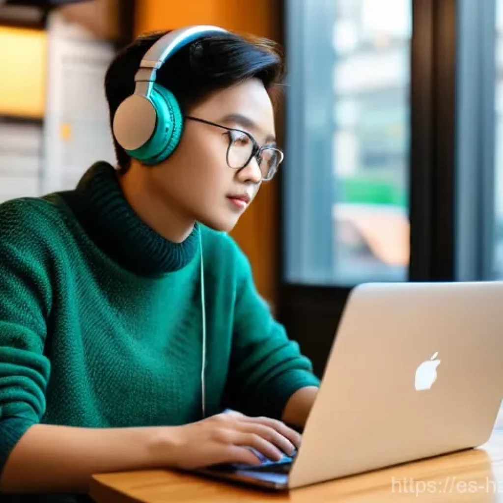 한글 학습 앱 추천 - **Prompt:** A young person, around 18-25 years old, sits comfortably at a clean, modern desk, comple...