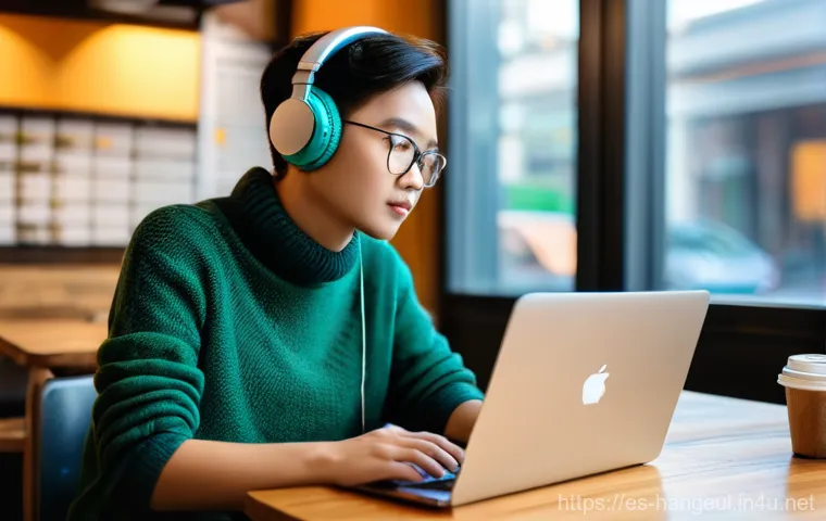 한글 학습 앱 추천 - **Prompt:** A young person, around 18-25 years old, sits comfortably at a clean, modern desk, comple...