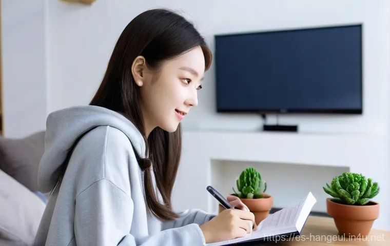 한글 학습 앱 추천 - **Prompt:** A young person, around 18-25 years old, sits comfortably at a clean, modern desk, comple...