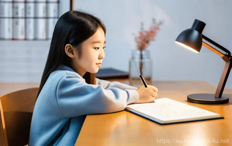 한글과 한국 전통 음악 - **Prompt:** A young, diverse student (gender-neutral) sits comfortably at a modern wooden desk, illu...