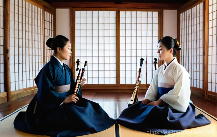 한글과 한국 전통 음악 - **Prompt:** A young, diverse student (gender-neutral) sits comfortably at a modern wooden desk, illu...