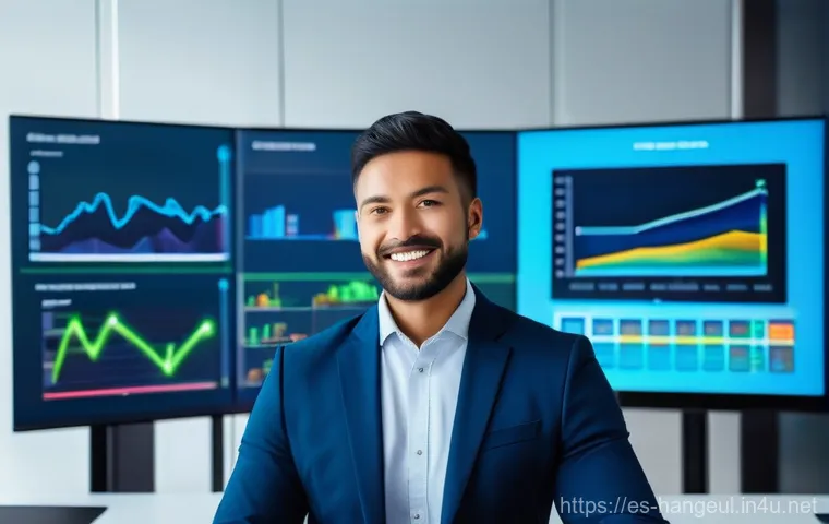 한글과 온라인 광고 - **AI-Driven Marketing Strategy:** A diverse young professional, wearing smart casual attire, confide...