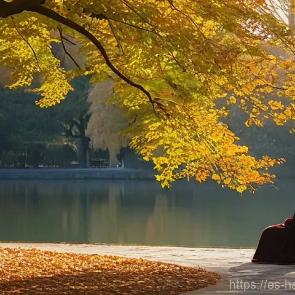 한글 시조의 특징 - **Prompt:** A solitary figure, subtly dressed in elegant, tasteful autumn attire, sits on a weathere...