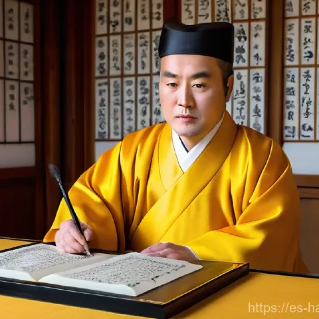 한글과 한자 혼용 사례 - The Birth of Hangul**
    "A majestic, wide-angle portrait of King Sejong the Great, depicted in tra...