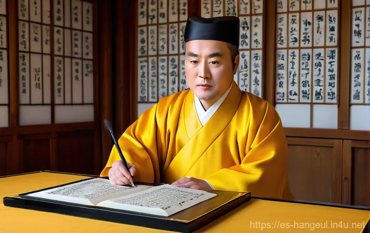 한글과 한자 혼용 사례 - The Birth of Hangul**
    "A majestic, wide-angle portrait of King Sejong the Great, depicted in tra...