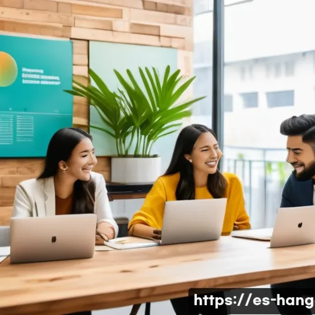 한글 기반 브랜드 네이밍 - A modern branding studio scene in a vibrant Latin American city office, young diverse Hispanic profe...