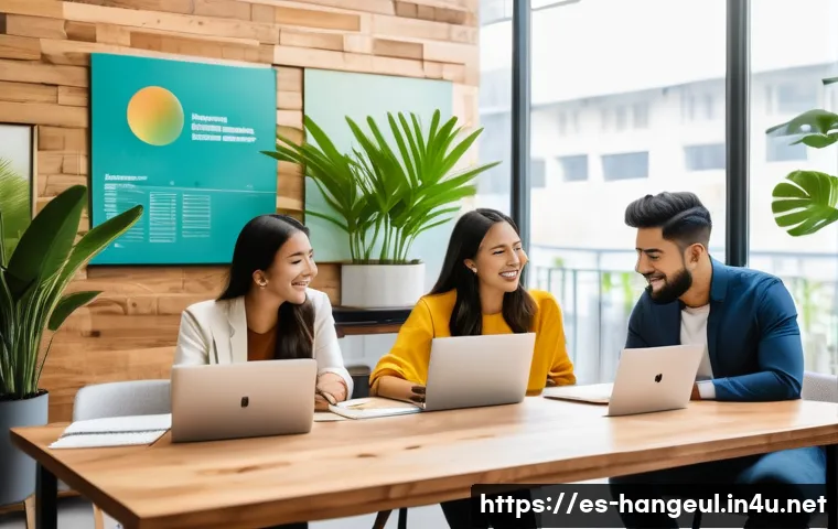 한글 기반 브랜드 네이밍 - A modern branding studio scene in a vibrant Latin American city office, young diverse Hispanic profe...