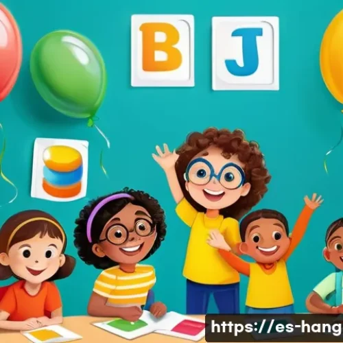 한글 학습 게임 개발 - A vibrant and engaging educational game scene set in a colorful classroom with diverse Hispanic chil...