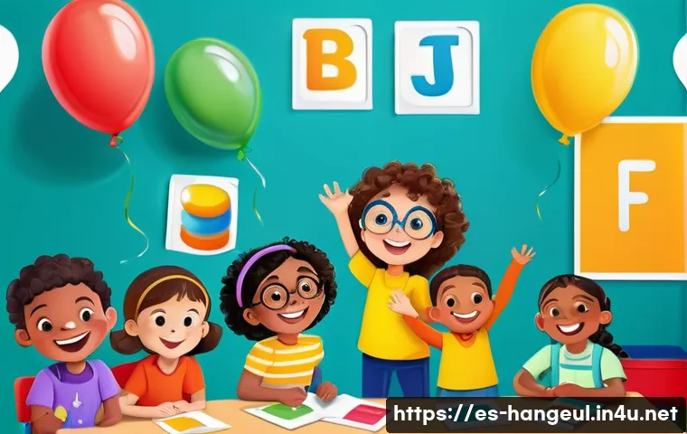 한글 학습 게임 개발 - A vibrant and engaging educational game scene set in a colorful classroom with diverse Hispanic chil...