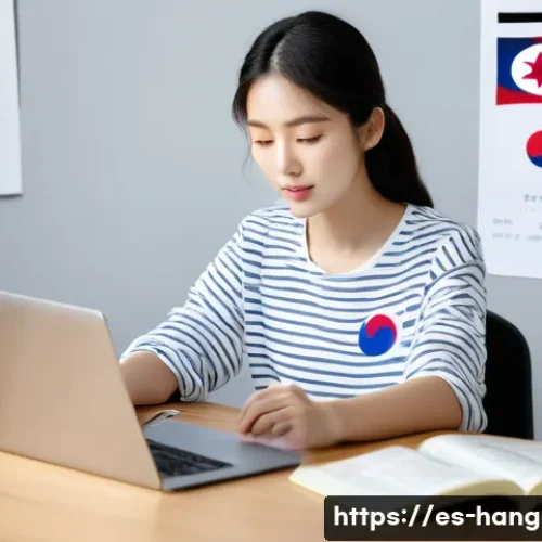 한글 빠른 습득법 - A focused scene of a young Hispanic adult woman studying Korean at home, sitting at a modern desk wi...