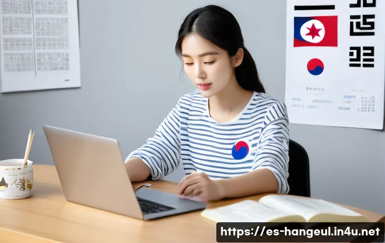 한글 빠른 습득법 - A focused scene of a young Hispanic adult woman studying Korean at home, sitting at a modern desk wi...