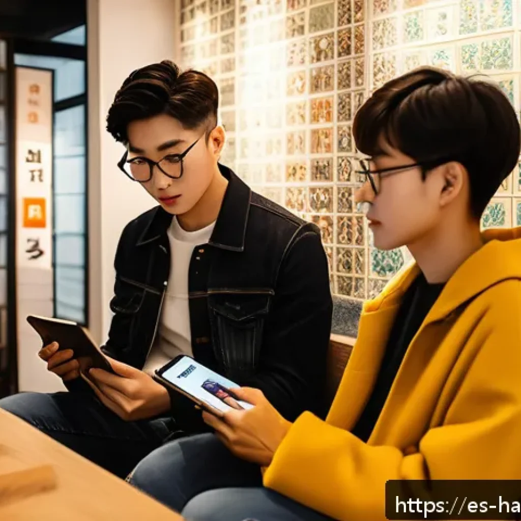 한글 소설의 변천사 - A contemporary urban scene featuring a diverse group of young adults reading Korean novels on digita...