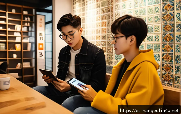 한글 소설의 변천사 - A contemporary urban scene featuring a diverse group of young adults reading Korean novels on digita...