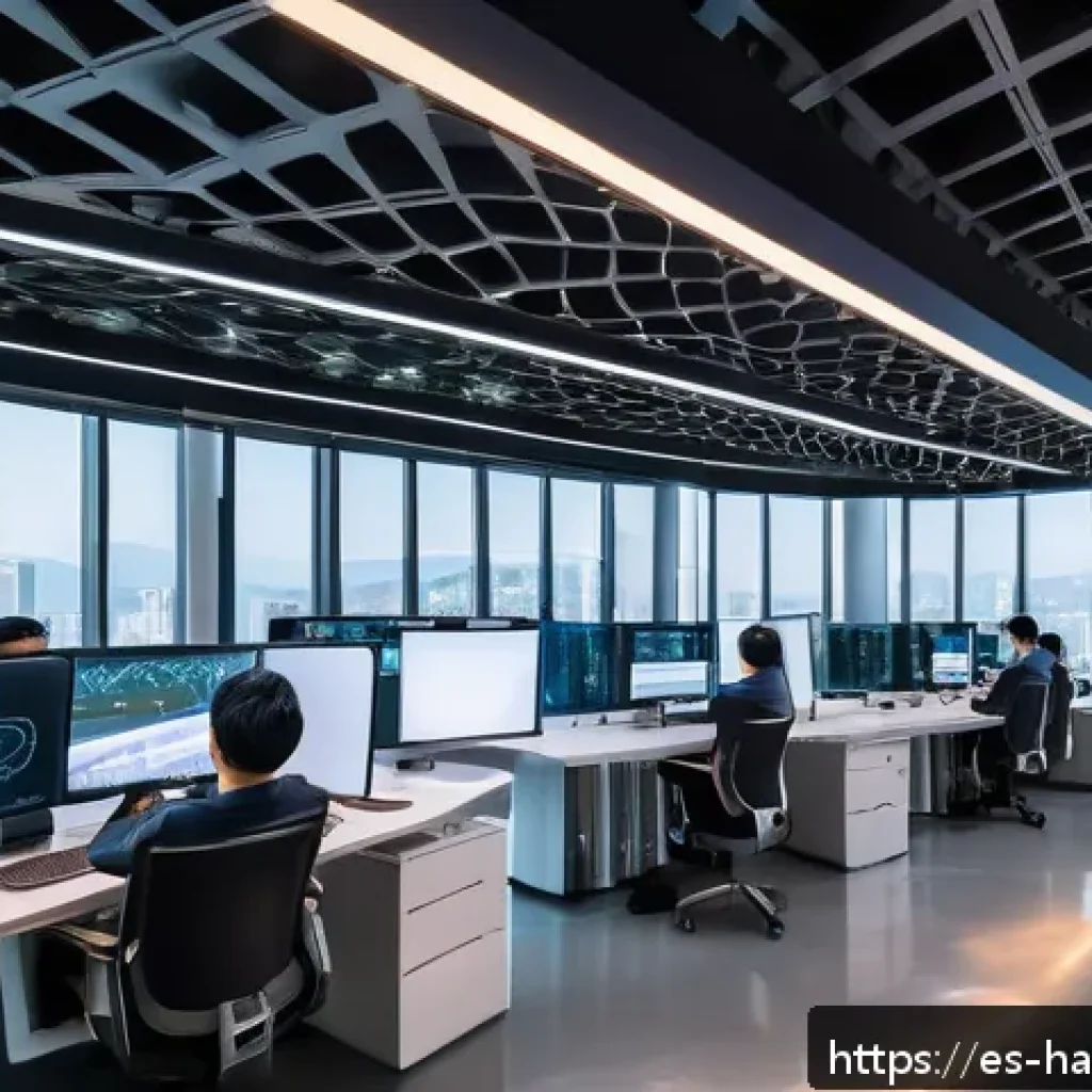 한글과 사이버 보안 - A futuristic South Korean technology innovation hub interior, bustling with diverse engineers and de...