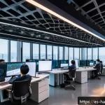 한글과 사이버 보안 - A futuristic South Korean technology innovation hub interior, bustling with diverse engineers and de...