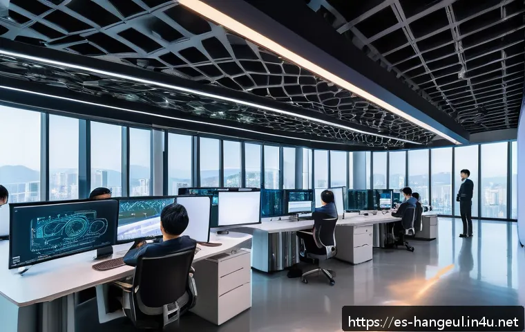 한글과 사이버 보안 - A futuristic South Korean technology innovation hub interior, bustling with diverse engineers and de...