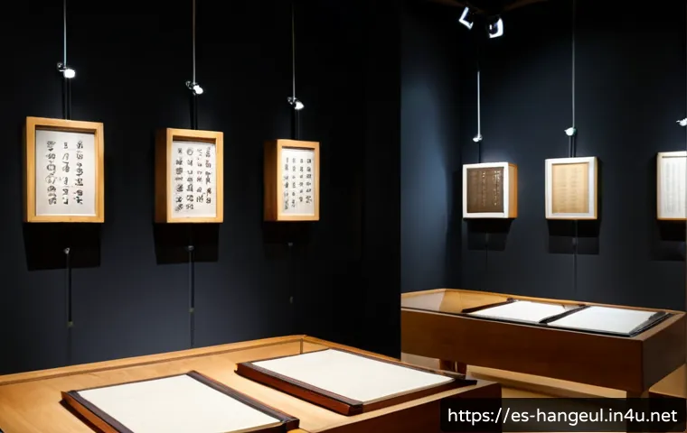 한글의 유네스코 등재 - Photorealistic museum exhibition in Madrid featuring an elegant display of historic Korean writing t...